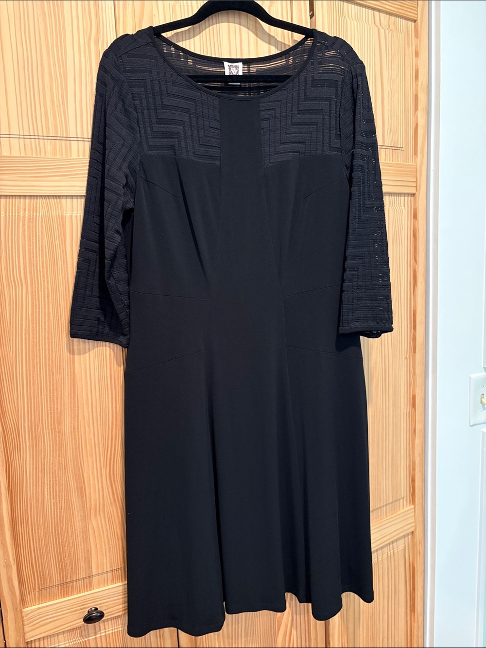 Women's Black Midi Dress with Sheer Textured Yoke